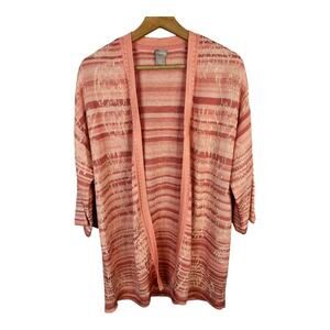 Chicos size 2 US Large 12 14 Embroidered Striped Open Cardigan 3/4 Sleeve Coral